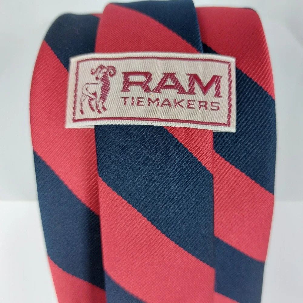 VINTAGE RAM TIE‎ MAKERS Mens Navy Blue Red Striped Repp Necktie 4